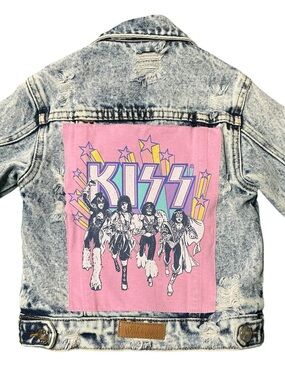 KISS Upcycled Denim 80s Stonewashed Distressed Band Jean Jacket Costume